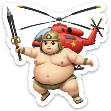 A fat sumo fighter holding a RPG with a army helmet and he’s hanging off a side of a helicopter  sticker