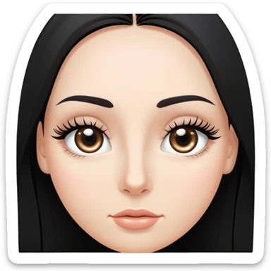 White girl with long oval shaped face, large almond shaped eyes with long eyelashes, long straight black hair falling in front of her bare shoulders, face closeup sticker