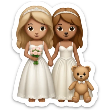 Teddy bear wearing white wedding dress holding the hand to another teddy bear wearing nothing.  sticker