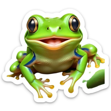 Cinematic Cute Yawning Green Tree Frog Portrait Emoji, Head tilted slightly with a dramatic, wide-open yawn, showcasing a compact, vivid green body with gently drooping eyelids and half-closed, drowsy eyes, Simplified yet irresistibly adorable features, highly detailed, glowing with a soft, cozy jungle glow, high shine, relaxed yet expressive, stylized with a dash of whimsical amphibian charm, soft glowing outline, capturing the essence of a drowsy yet affectionate green tree frog that appears ready to stretch out for a nap! sticker