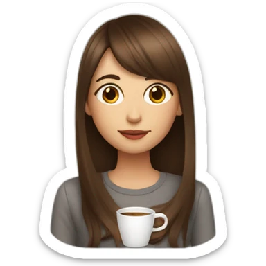 A girl with elongated bangs and long brown hair drinks coffee sticker