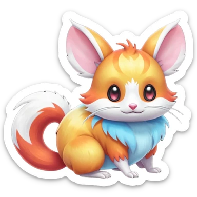  Shiny iridescent light warmly colored reddish-orange-gold-gradients neon vibrant bioluminescent colorful pastel flourishing flurry fuzzy Absol-Minccino-Furret-Zangoose-Dedenne-Chinchilla-Stitch-fusion-animal-Fakémon-hybrid-creature  sticker