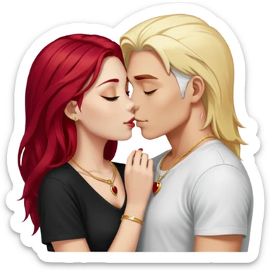 couple kissing, girl with long cherry red hair, blonde eyebrows, gold A necklace, boy with SHORT PURE WHITE HAIR (not blonde, not gray, but WHITE like snow), dark t-shirt, silver ring sticker