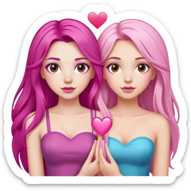 gorgeous pale girl with long magenta pink hair latina makeup next to a gorgeous girl with blonde hair brown eyes and a light pink heart above them both wearing tube tops sticker