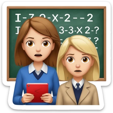 super scared white girl with brown hair doing math while a scary old blond teacher stands over her sticker