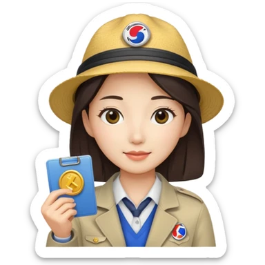 A Korean female tour guide holds her license. sticker