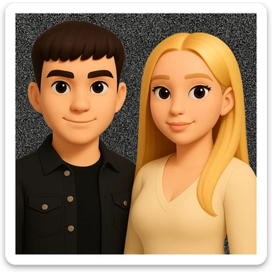 Slightly increase the volume of the upper body of the girl, spread them far apart from each other, make the skin color the same for both characters, while preserving the cartoonish 3D style as seen in the reference image. sticker