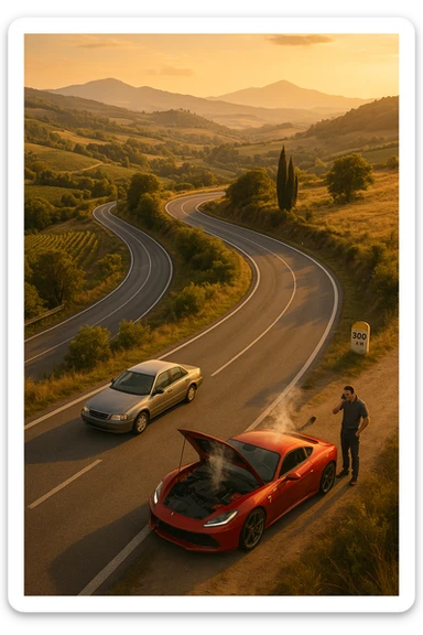 "Aerial view of winding mountain road through Italian countryside, steady reliable sedan maintaining consistent pace with confident driver, versus flashy supercar stopped at roadside with hood open and steam rising, mechanic being called on phone, 300km milestone sign visible in distance, moral lesson about reliability over showmanship, golden hour lighting" sticker