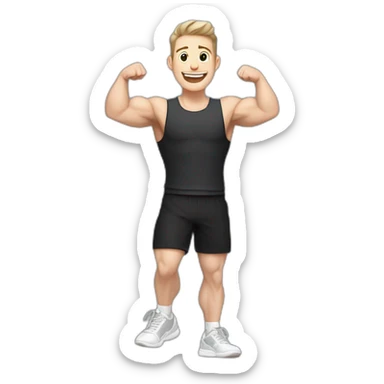 Joyful Celebrating victory Pale skinned Fit Man With the biceps and dark brown hair in black shirt, gray sports shorts and white Sneakers sticker