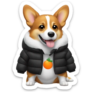 corgi wearing a black puffer jacket with a small orange square with white letters "YC" logo on the left chest sticker