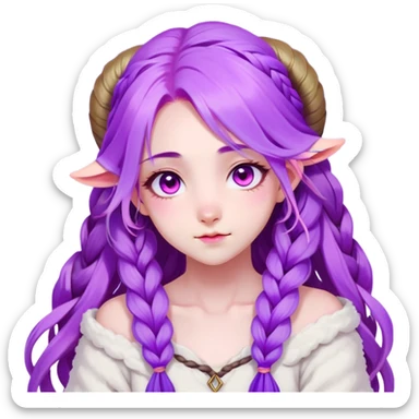 1 girl, long flowing purple hair with braided strands, vibrant and soft color palette, inspired by spirit blossom theme from league of legends, long hair, loose wave straight haircut, sheep horns,
pink eyes, young, skinny, japanese themed, 💕, 🌸, spirit blossom kindred, kindred, league of legends character, shy expression, shy, blush, (pink heart o-ring choker), white t-shirt, (off shoulder) sticker