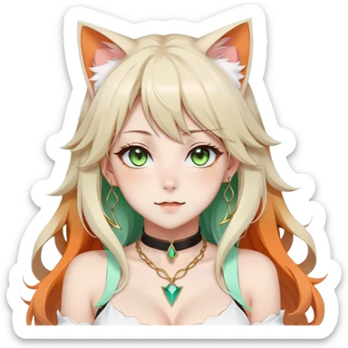 Beautiful gorgeous pretty anime lady, round-big-cat-feline-ears, nekomimi, kemonomimi, long wavy whitish-beige-hair with gradient-orange tips, colorful green eyes with thin slit pupils, black collar, wearing a white bra, gold-brown-Orange necklace, fair skin, Cyan triangle-shaped earrings sticker