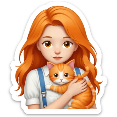 White girl - long hair - white suspenders - hugging - a orange cat sticker