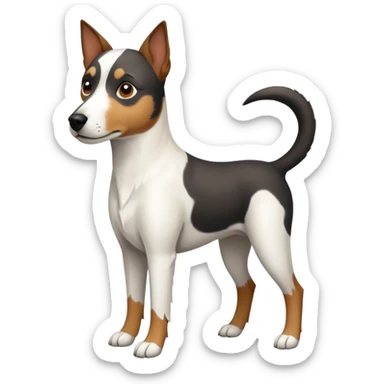 a full body large white parson russell looking dog the size of a kelpie with light brown ears and a light brown patch on one eye and a large snout sticker