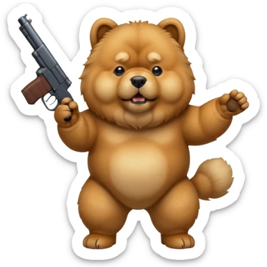 Funny realistic-style chow chow dog with light fur standing on its hind legs and holding a gun menacingly sticker