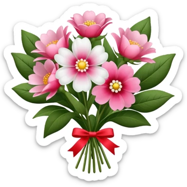 One pink flower and one white flower in transparent bouquet with red band  sticker