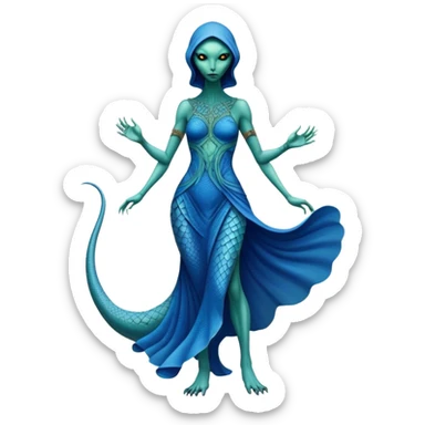 a reptilian alien woman full body, in blue dress sticker