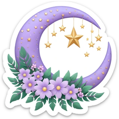 Beautiful poetic aesthetic sparkly glittery shiny pretty floating pastel lilac lavender Violet crescent-moon and flowers and leaves and feathers and sparkles and stars aesthetic deco sticker