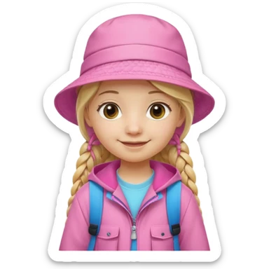 Little student, long braid blonde, wears pink bucket hat and jacket, backpack, happy sticker