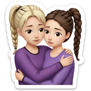 Comforting Hug two white skin women, one shorter woman with brown simple top ponytail, not braided, and one taller sad woman with a single long black side braid sticker