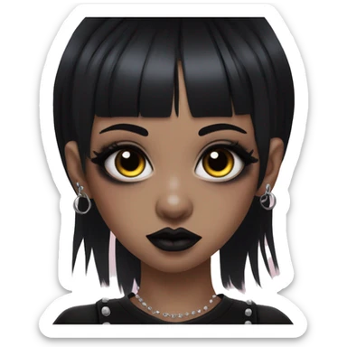 goth woman with black hair and baby bangs with septum piercing and both sides of nose pierced with hazel eyes and no eyebrows with dramatic goth makeup sticker