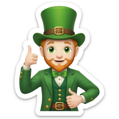 leprechaun looking up, and giving a thumbs up. on his left hand, he is holding his waist sticker