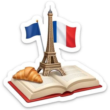 An icon featuring the Eiffel Tower and the flag of France, symbolizing the French language. The design includes an open book with French text and a croissant, representing language learning and French culture. Transparent background highlights the elegance of the French-speaking world. sticker
