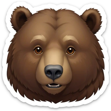 Cinematic Noble Grizzly Bear Portrait Emoji, Poised and regal, with a massive, powerful build and a thick, rugged deep brown fur, piercing deep-set soulful eyes, Simplified yet sharp and sophisticated features, highly detailed, glowing with a soft, dignified glow, high shine, intelligent and formidable, stylized with an air of untamed wilderness, focused and attentive, soft glowing outline, capturing the essence of a watchful and commanding guardian, so majestic it feels as though it could lumber out of the screen with effortless authority! sticker