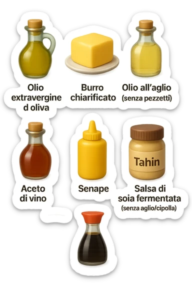emoji stile iphone 3d di questi elementi che fluttuano in aria sparsi casualmente:

Olio extravergine d’oliva, burro chiarificato
Olio all’aglio (senza pezzetti)
Aceto di vino, aceto di riso, senape, tahin
Salsa di soia fermentata (senza aglio/cipolla)


 che fluttuano sparse casualmente in aria, le etichette dei prodotti scrivile in italiano, iperealistico 4k sticker