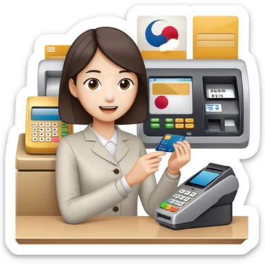 “An emoji-style illustration of a Korean person making a payment with a credit card. The person is holding a credit card and inserting or tapping it on a payment terminal. The scene suggests a typical transaction at a store or café counter, with a cashier or payment machine present. The person appears focused or content while completing the purchase. The style is minimalistic and expressive, resembling an emoji.” sticker