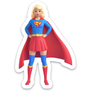 Supergirl superhero full body, blue tights costume with red skirt, red cape and S emblem sticker