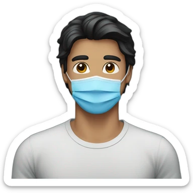 A man with a black hair and blue t-shirt wearing a mask sticker