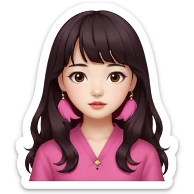Korean girl, red top, black brown hair, brown eyes, long wavy hair, aesthetic, long hair, hime cut, blunt bangs, pink girl sticker