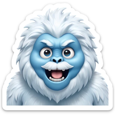 Cinematic Comical Yeti Portrait Emoji, with a cartoonishly exaggerated, fluffy figure in cool, frosty whites and icy blues, head tilted in an overly surprised expression with wide, comically sparkling eyes and a quirky, open-mouthed grin, simplified yet hilariously detailed, glowing with a soft frosty outline capturing the meme-worthy fun of a yeti in playful shock! sticker