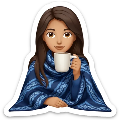 Beautiful woman with long dark brown hair wearing dark blue clothes drinking coffee while covered with a blanket sticker