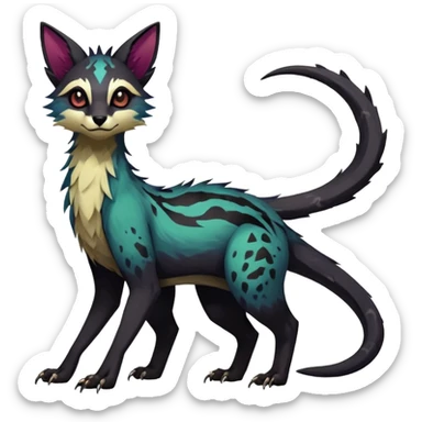 Rare realistic exotic edgy dark gothic gloomy epic pretty beautiful handsome gorgeous aesthetic colorful vibrant Vernid-Trico-species-Fakemon-creature by LiLaiRa, 4 legs, 1 tail, random markings, (full body) sticker