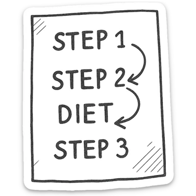 step 1, step 2 and step 3 of a diet connected with arrows, pen drawing style schematic on a white paper sheet very realistic, isolated on white background sticker