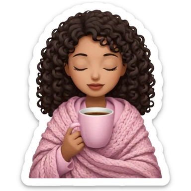 hispanic woman, brown skin, black long 3b curls, closed eyes, feminine face, holding soft pink coffee cup with beige blanket over shoulders sticker