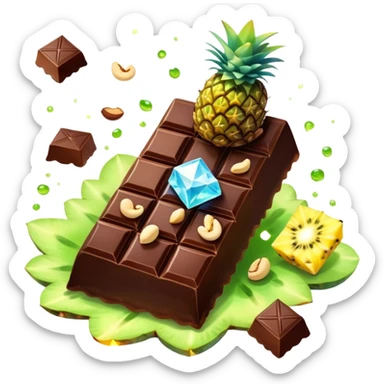 Ethereal evening snack with magical dark chocolate squares, enchanted mixed nuts, celestial kiwi slice and glowing pineapple chunks, all floating with sparkly aura sticker
