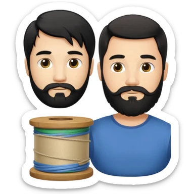 Man with long black hair tied in a spool and beard with a young short-haired blond without a beard sticker