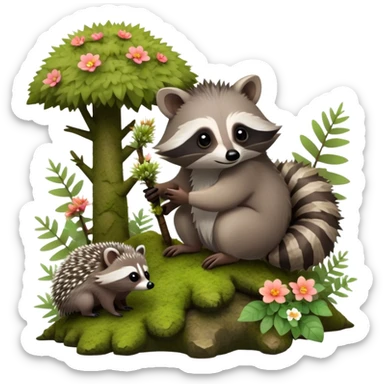 Collage of an exotic raccoon and a hedgehog, both curiously exploring a forest setting with moss and small flowers. The raccoon is perched on a tree branch, and the hedgehog is nestled in the underbrush. Vibrant nature backdrop. Transparent background. sticker