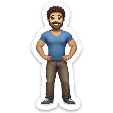 men holding his computer in hands. light brown skin men with curly dark hair, dark brown eyes, little grown beard. ust a tiny bit muscular. dressed casual. round face. sticker