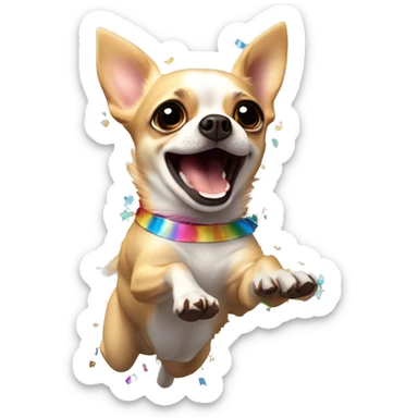 An animated chihuahua running jumping. When reaching the apex of the jump, the chihuahua should explode into rainbow colored confetti. The Chihuahua should not be visible after exploding into confetti sticker