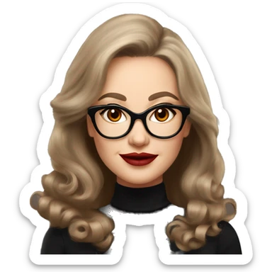 50 years old girl
long brown hair with volume styling
light skin
red lipstick
glasses with refined frame
Brown eyes with cat eye liner
black silk shirt with long sleeves sticker