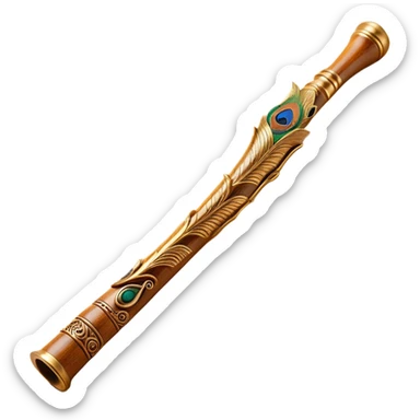 "A small, beautifully designed wooden flute with intricate golden carvings, inspired by Lord Krishna's divine flute. The flute has a gentle curve, a peacock feather elegantly placed near one end, and delicate floral engravings along its body. The design should be minimal yet artistic, suitable for an emoji, with a golden-brown wood texture and subtle shine. The background should be plain or softly glowing to highlight the flute's beauty." sticker