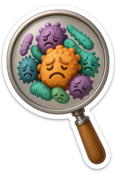 EMOJI STILE IPHONE DI una lente di ingrandimento che inquadra un cumulo di batteri intestinali tristi, IPERREALISTICO 4K sticker