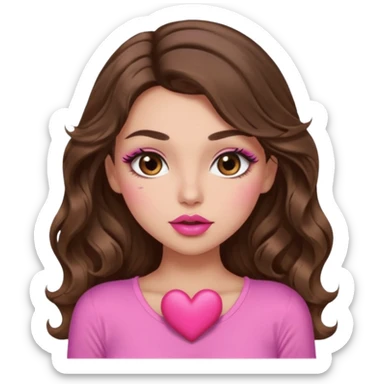 girl with long wavy brown hair, brown eyes, long lashes makeup, sexy pink lips, light to medium complexion, wearing a pink sexy top, sexy , puckering, blushing, kissing a heart sexy sticker