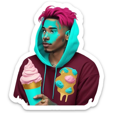 Vintage grunge patina intricate swirls golden sparkle Deep pink maroon burgundy cyan dark hoodie man dyed hair and gold piercings nose piercing ear piercings ice cream  sticker
