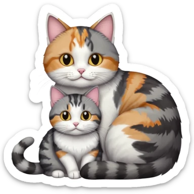 two cats in love, a colourful light patched calico + white tabby cat cuddling a bigger cat that is dark grey and white tabby cat sticker