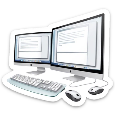 Create an emoji for UX/UI design. Two large curved monitors placed next to each other, displaying design mockups or wireframes. A mouse, keyboard, and stylus to symbolize the tools used in the design process. Do not include any emojis or smiley faces. Background transparent. sticker